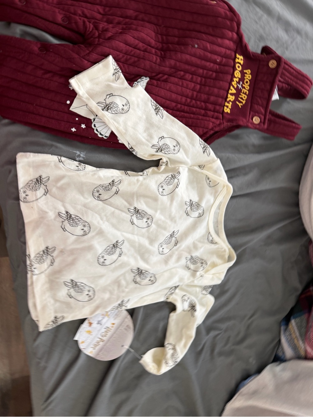 Maroon Hogwarts Overalls & Cream Bird Print Baby Top Set